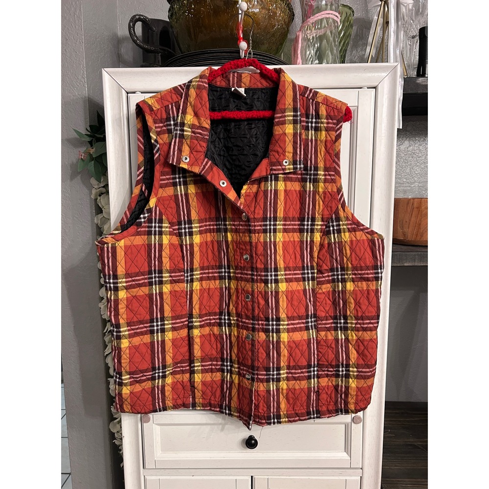 Plaid Quilted Vest Plus Size 1X Snap Front Sleeveless Orange Fall Autumn